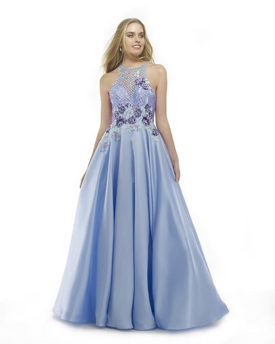 Morrell Maxie - 15785 Halter Floral Applique Mikado A-line Gown in Purple