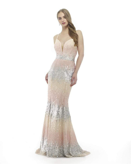 Morrell Maxie - 15805 Thin Strap Sequined Sheath Gown in Pink and Multi-Color
