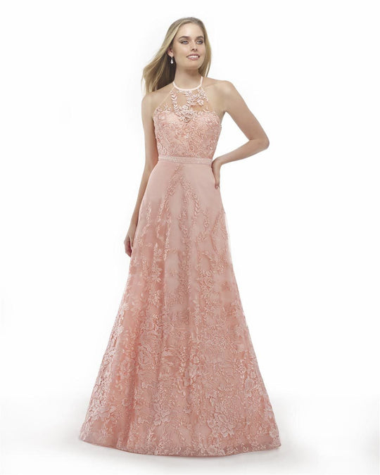 Morrell Maxie - 15808 Embroidered Illusion Halter A-line Dress in Pink