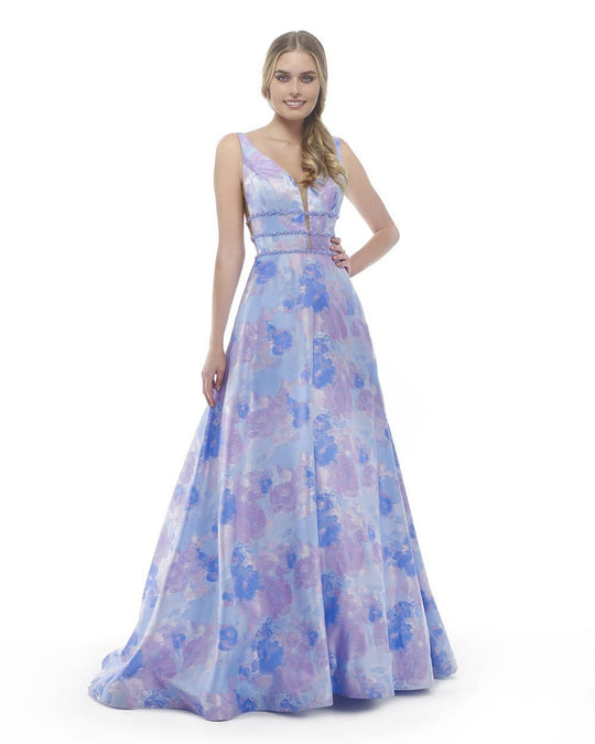 Morrell Maxie - 15810 Plunging Floral Jacquard A-Line Gown in Blue and Purple