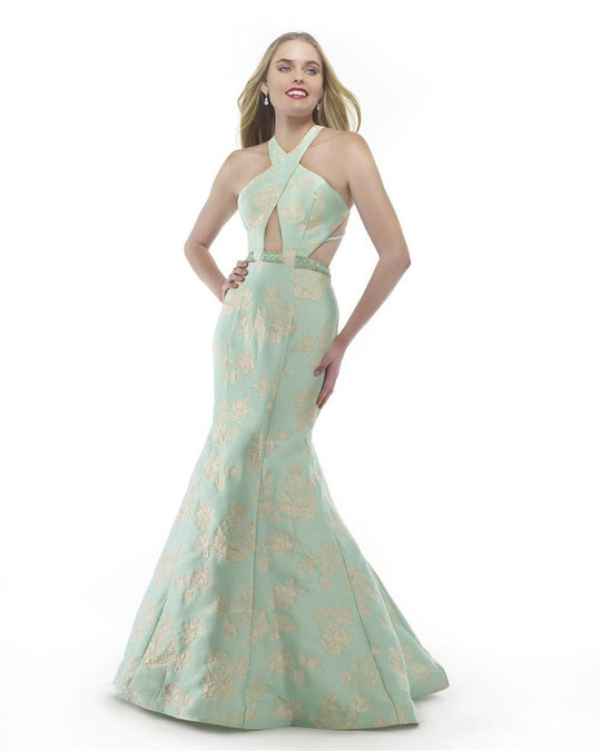 Morrell Maxie - 15816 Halter Floral Jacquard PrintE Evening Gown in Blue