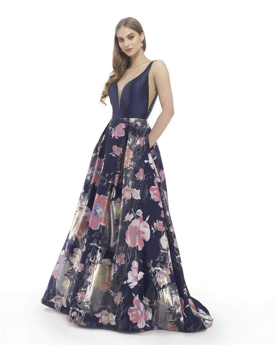 Morrell Maxie - 15819 Fitted Plunging V Neck Floral Gown in Blue