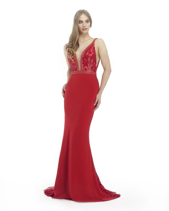 Morrell Maxie - 15830 Embellished Deep V-neck Sheath Dress in Red