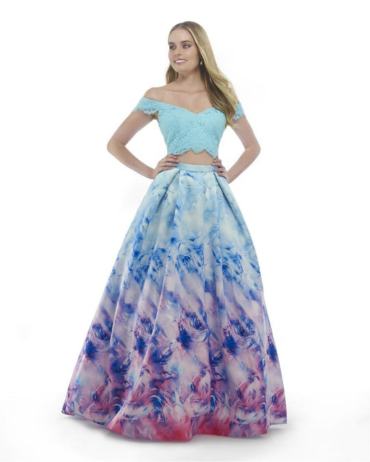 Morrell Maxie - 15836 Two-Piece Off-Shoulder Printed Ballgown in Blue