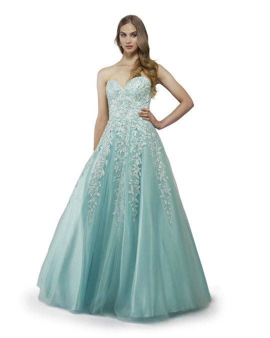 Morrell Maxie - 15847 Strapless Trailing Appliqued Ballgown in Blue and Green