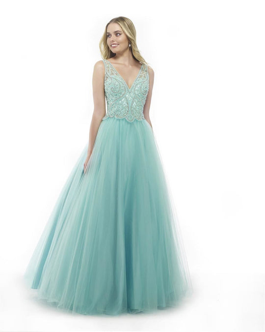 Morrell Maxie - 15848 Sleeveless Bejeweled Illusion Ballgown in Blue and Green