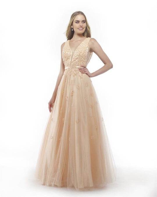 Morrell Maxie - 15851 Deep V-Neck Embellished Net Gown in Neutral and Orange