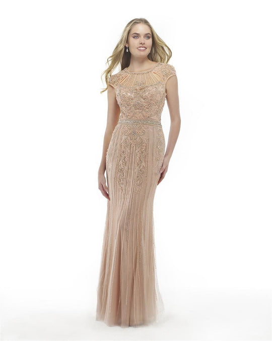 Morrell Maxie - 15854 Cap Sleeve Intricate Beaded Evening Gown in Pink