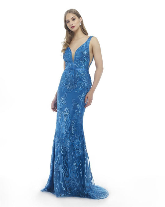 Morrell Maxie - 15859 Deep V-Neck Embellished Sheath Gown in Blue