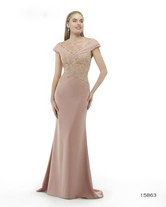 Morrell Maxie - 15863 Wide Neck Beaded Lace Evening Gown in Pink