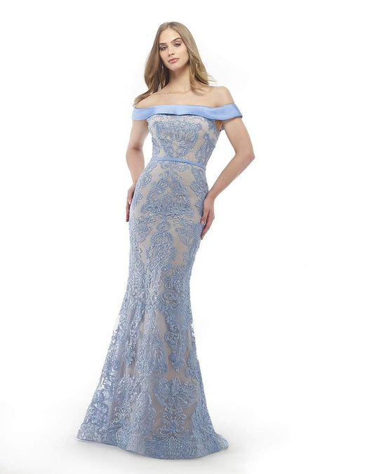 Morrell Maxie - 15864 Foldover Off-Shoulder Lace Sheath Dress in Blue