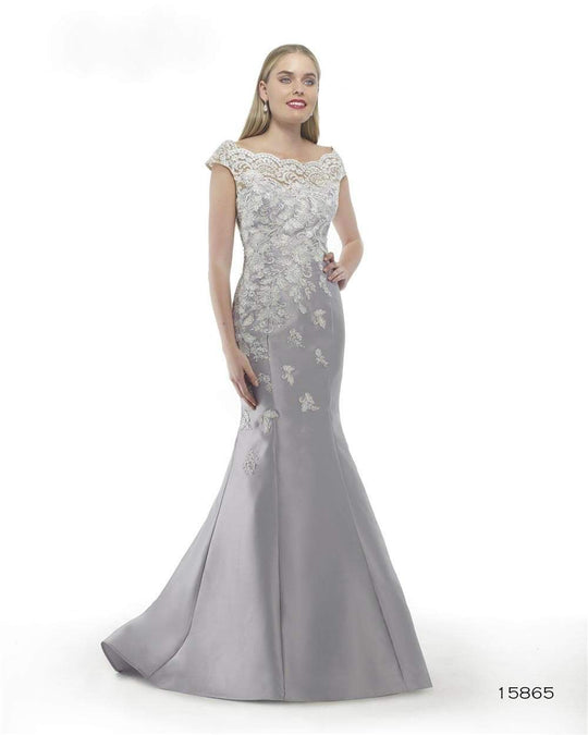 Morrell Maxie - 15865 Off the Shoulder Floral Applique Evening Gown in Silver