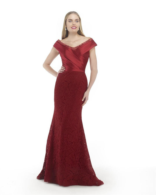 Morrell Maxie - 15867 Wide V-neck Mikado/Lace Trumpet Dress in Red