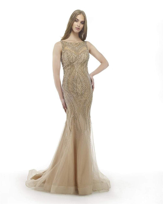 Morrell Maxie - 15872 Bateau Beaded Illusion Evening Gown in Neutral
