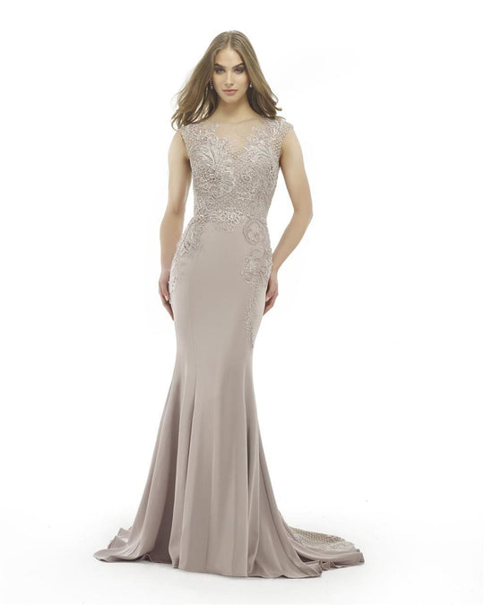 Morrell Maxie - 15876 Cap Sleeve Beaded Lace Illusion Mermaid Gown in Neutral