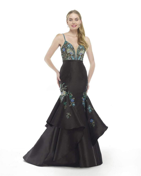 Morrell Maxie - 15884 Floral Embroidered Ruffled Mermaid Gown in Black and Multi-Color