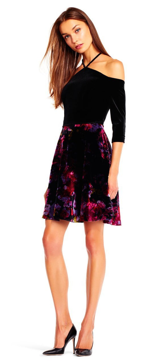Aidan by Aidan Mattox - MN1E201321 Floral Print Velvet Dress in Purple and Multi-Color