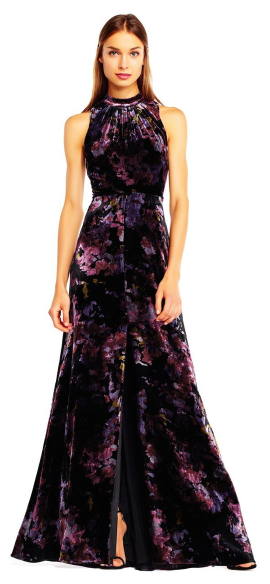 Aidan by Aidan Mattox - MN1E201322 High Neck Floral Velvet Gown in Purple and Multi-Color