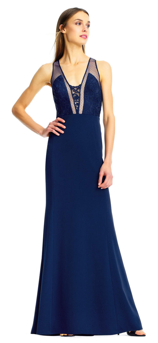 Aidan Mattox - MN1E201862 Floral Embroidered V-neck Taffeta Dress In Blue