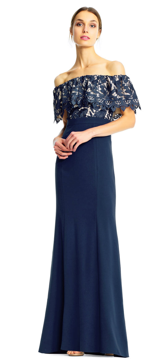 Aidan Mattox - MN1E202072 Floral Lace Off-Shoulder Sheath Dress In Blue