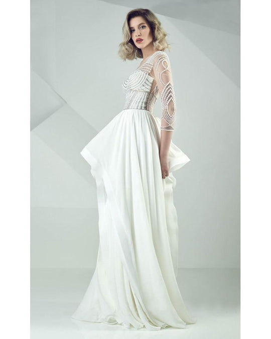 MNM Couture - G0739 Beaded Long Sleeved Fitted Mermaid Gown in Green