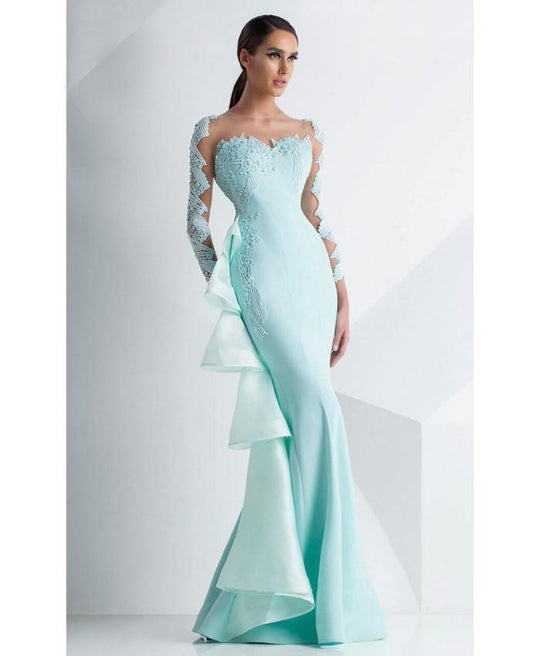 MNM Couture - G0739 Beaded Long Sleeved Fitted Mermaid Gown in Green