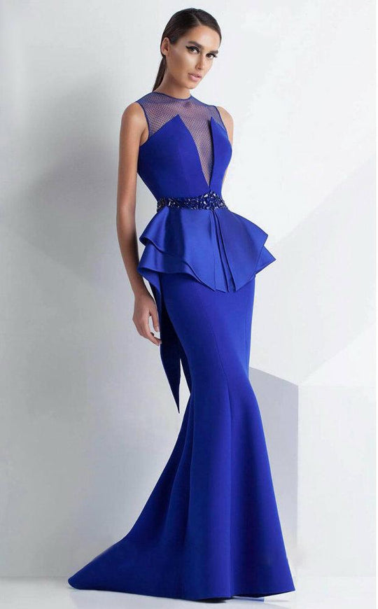 MNM Couture - Royal Deep V Illusion Evening Dress G0787 in Blue
