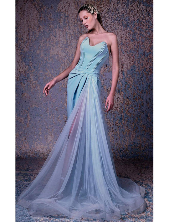 MNM COUTURE - G1023 Strapless Sweetheart Trumpet Dress With Train In Blue