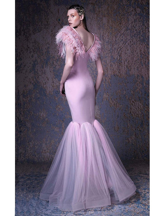 MNM COUTURE - G1027 Feathered V-neck Mermaid Dress In Pink