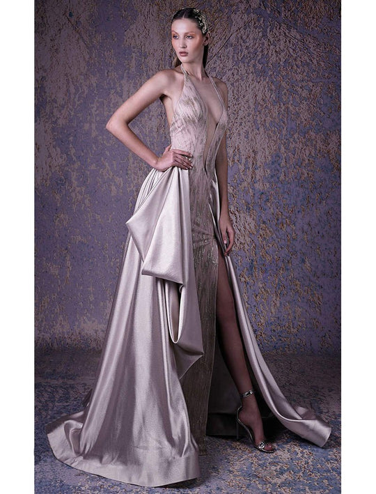 MNM COUTURE - G1030 Embellished Deep Halter V-neck A-line Gown In Neutral