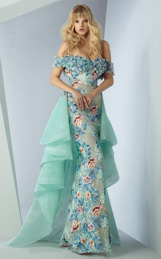 MNM COUTURE - G0874 Floral Applique Off-Shoulder Dress with Overskirt In Green
