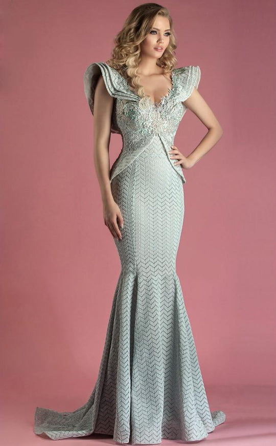 MNM COUTURE - K3545 Embellished Deep V-neck Mermaid Dress In Green