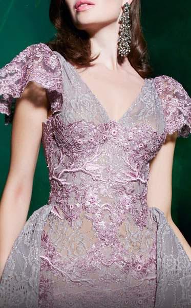 MNM COUTURE - 2483 Lace Appliqued V-Neck Gown with Overskirt In Purple