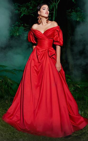 MNM COUTURE - 2488 Ruched Off-Shoulder Half Sleeves Ballgown In Red