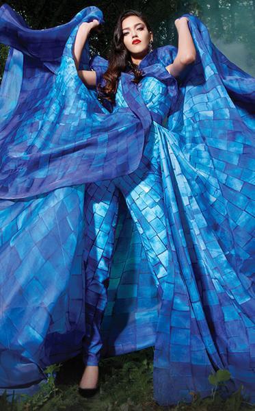 MNM COUTURE - 2500 Plunging V-Neck Jumpsuit with Overskirt in Blue