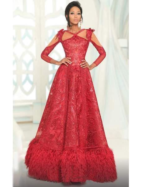 MNM COUTURE - 2523 Embroidered Fringe A-Line Gown In Red