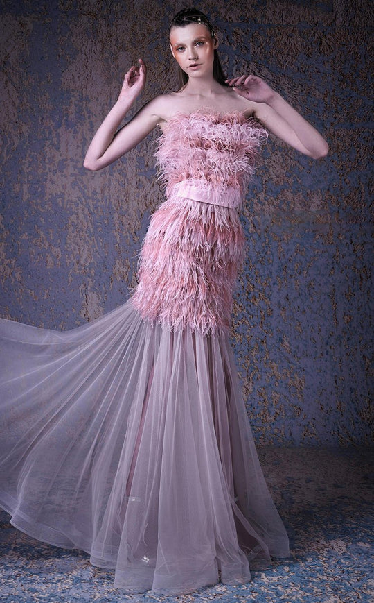 MNM COUTURE - G1032 Strapless Feathered Trumpet Dress In Pink