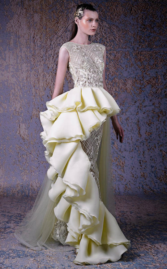 MNM COUTURE - G1033 Applique Bateau Ruffle Sheath Dress In Yellow