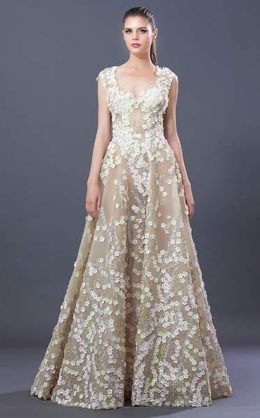 MNM COUTURE - K3627 Floral Applique Sweetheart A-line Dress In Neutral