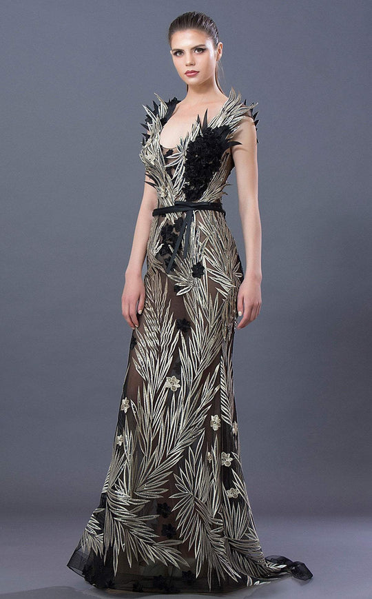 MNM COUTURE - K3642 Applique Scoop Trumpet Dress With Open Back In Black