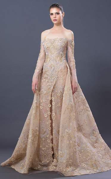 MNM COUTURE - K3644 Bedazzled Off-Shoulder Ballgown With Train in Gold
