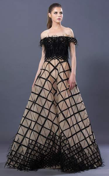 MNM COUTURE - K3643 Embellished Feathered Off-Shoulder A-line Dress In Black Nude