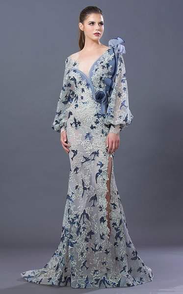 MNM COUTURE - K3653 Embroidered Asymmetric Neck Trumpet Dress In Blue