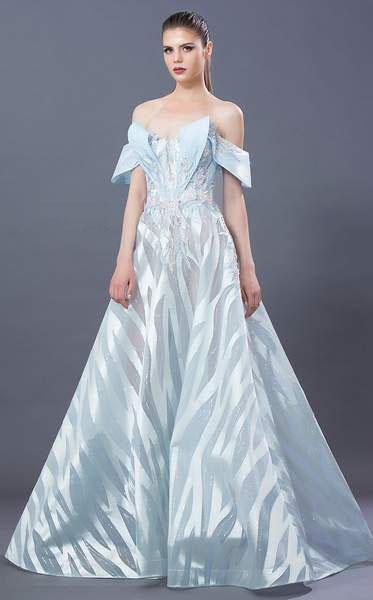 MNM COUTURE - K3654 Lace Embroidered Off-Shoulder A-line Dress In Blue