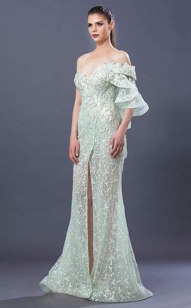 MNM COUTURE - K3655 Floral Applique Asymmetric Trumpet Dress In Green