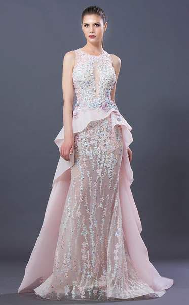MNM COUTURE - K3658 Embellished Jewel Trumpet Dress With Overskirt In Pink