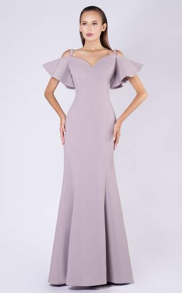 MNM COUTURE - M0035 V-neck Trumpet Dress With Flowy Sleeves In Gray and Brown
