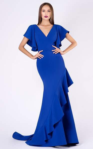 MNM COUTURE - M0036 Ruffled V-neck Trumpet Dress With Train In Blue