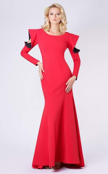 MNM COUTURE - M0037 Long Sleeve Bateau Mermaid Dress With Train In Red