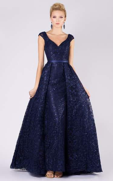 MNM COUTURE - M0038 Sequined Lace V-neck Gown In Blue